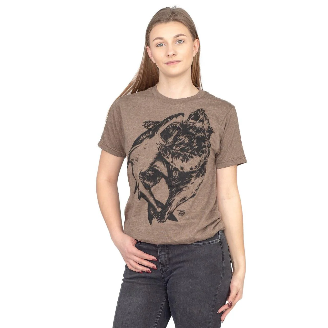 Shark vs. Bear Heather Brown Adult T-shirt - Image 3
