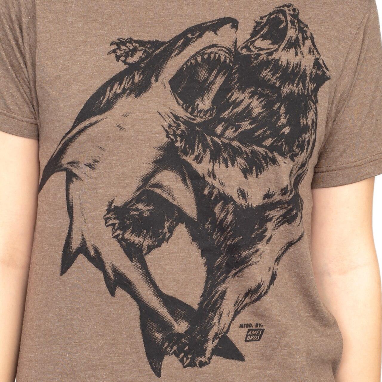 Shark vs. Bear Heather Brown Adult T-shirt - Image 4