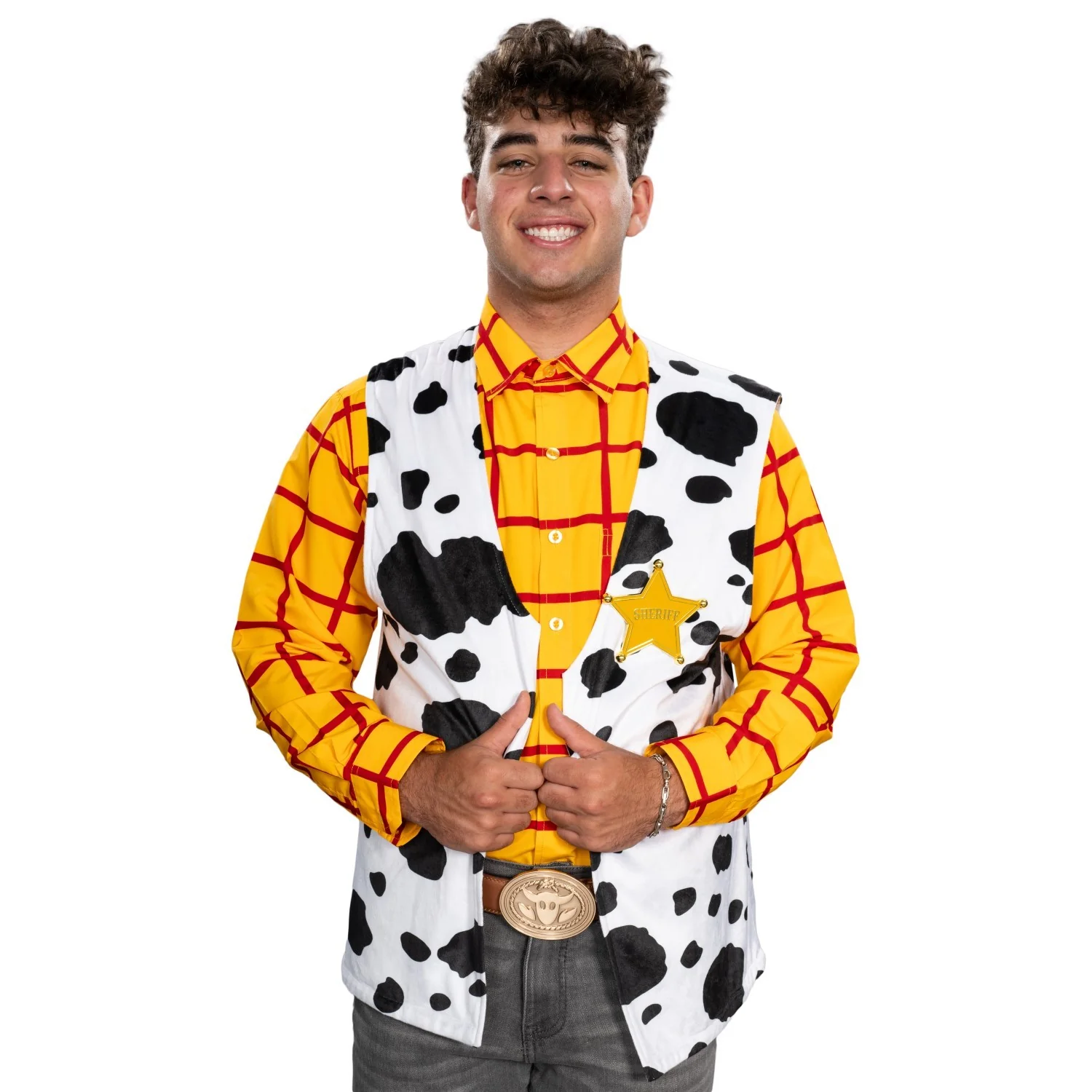 Sheriff Woody Cowboy Adult Halloween Cosplay Costume Set (Shirt, Vest, and Badge) - Image 2
