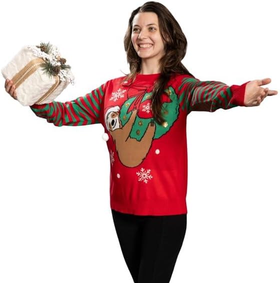 Sloth Santa Hat Hanging on Gift Ball Ornament Women's Juniors Ugly Christmas Sweater - Image 3