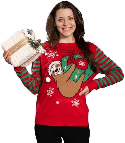 Sloth Santa Hat Hanging on Gift Ball Ornament Women's Juniors Ugly Christmas Sweater - Image 4