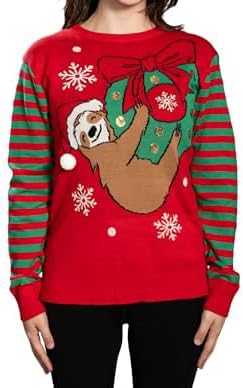Sloth Santa Hat Hanging on Gift Ball Ornament Women's Juniors Ugly Christmas Sweater - Image 7
