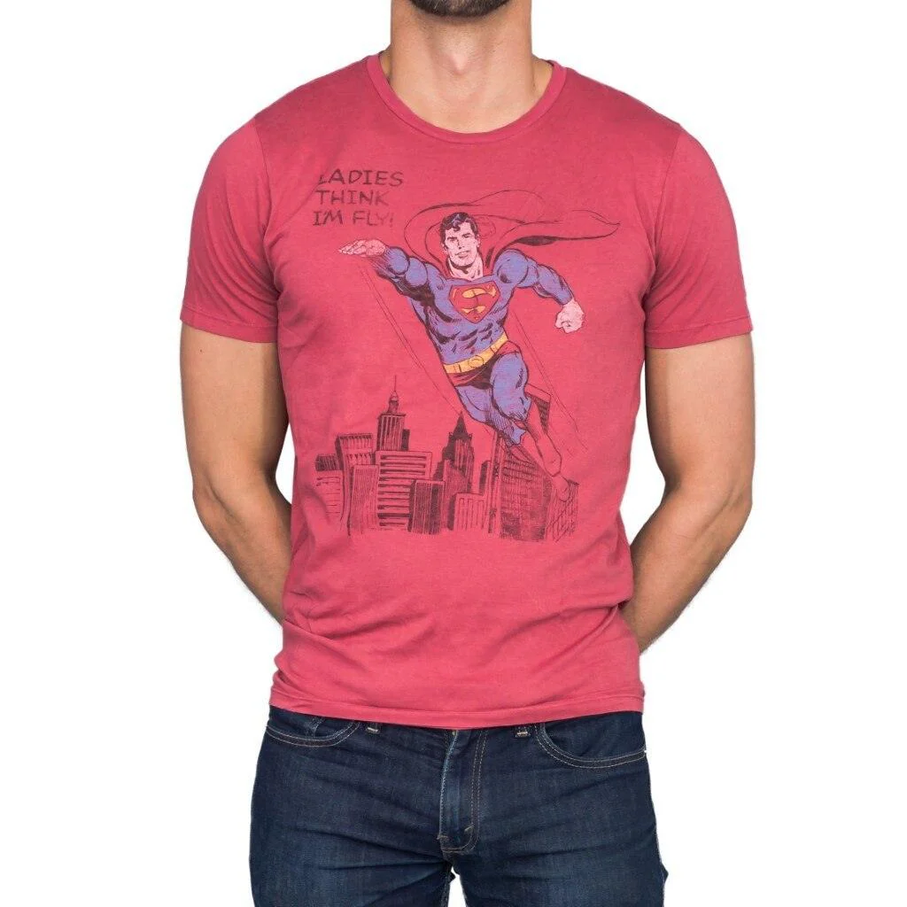 Superman Ladies Think I'm Fly Vintage Inspired Lava T-shirt