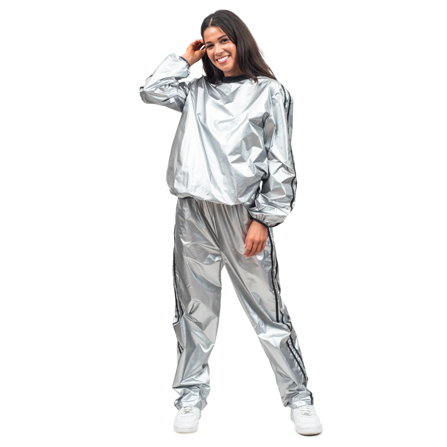 Todd and Margo Shiny Silver 2 Piece Workout Top and Pants Halloween Costume Set - Image 7