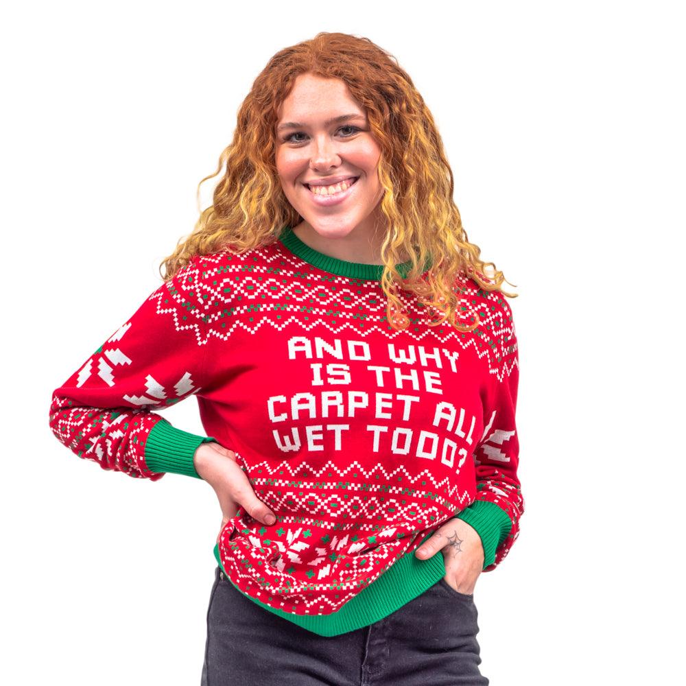 Todd and Margo Why is The Carpet Wet I Don’t Know Knitted Ugly Christmas Sweater - Image 2
