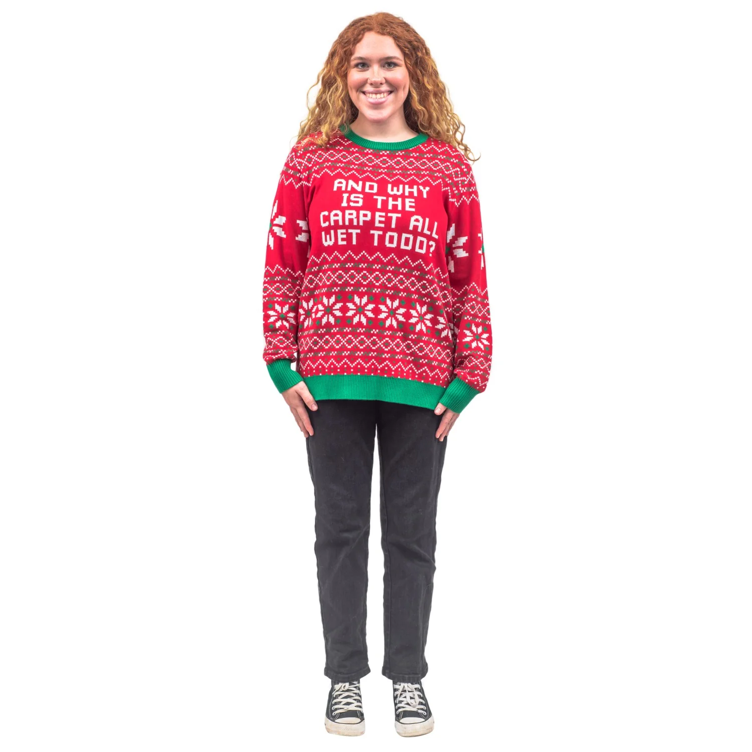 Todd and Margo Why is The Carpet Wet I Don’t Know Knitted Ugly Christmas Sweater - Image 8