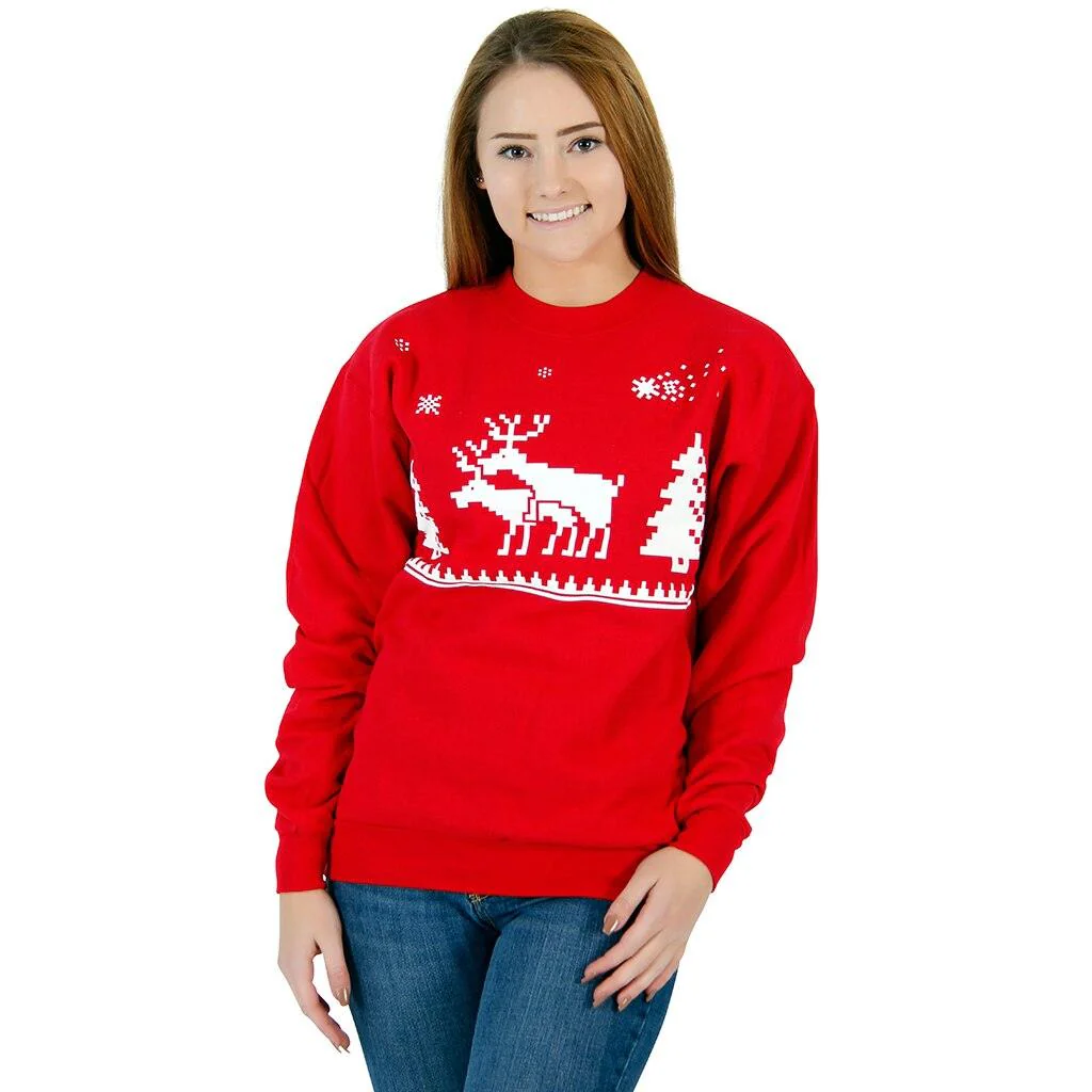 Ugly Christmas Humping Reindeer & Pine Trees 8-Bit Red Sweatshirt - Image 2