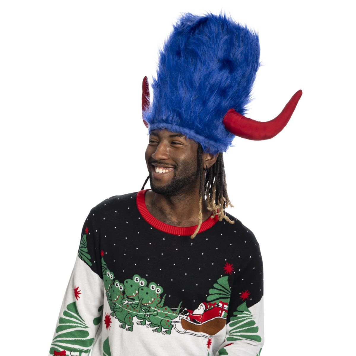 Viking Hat Red and Blue Furry Buffalo with Horns Adult Costume Accessory for Halloween and Cosplay - Image 2