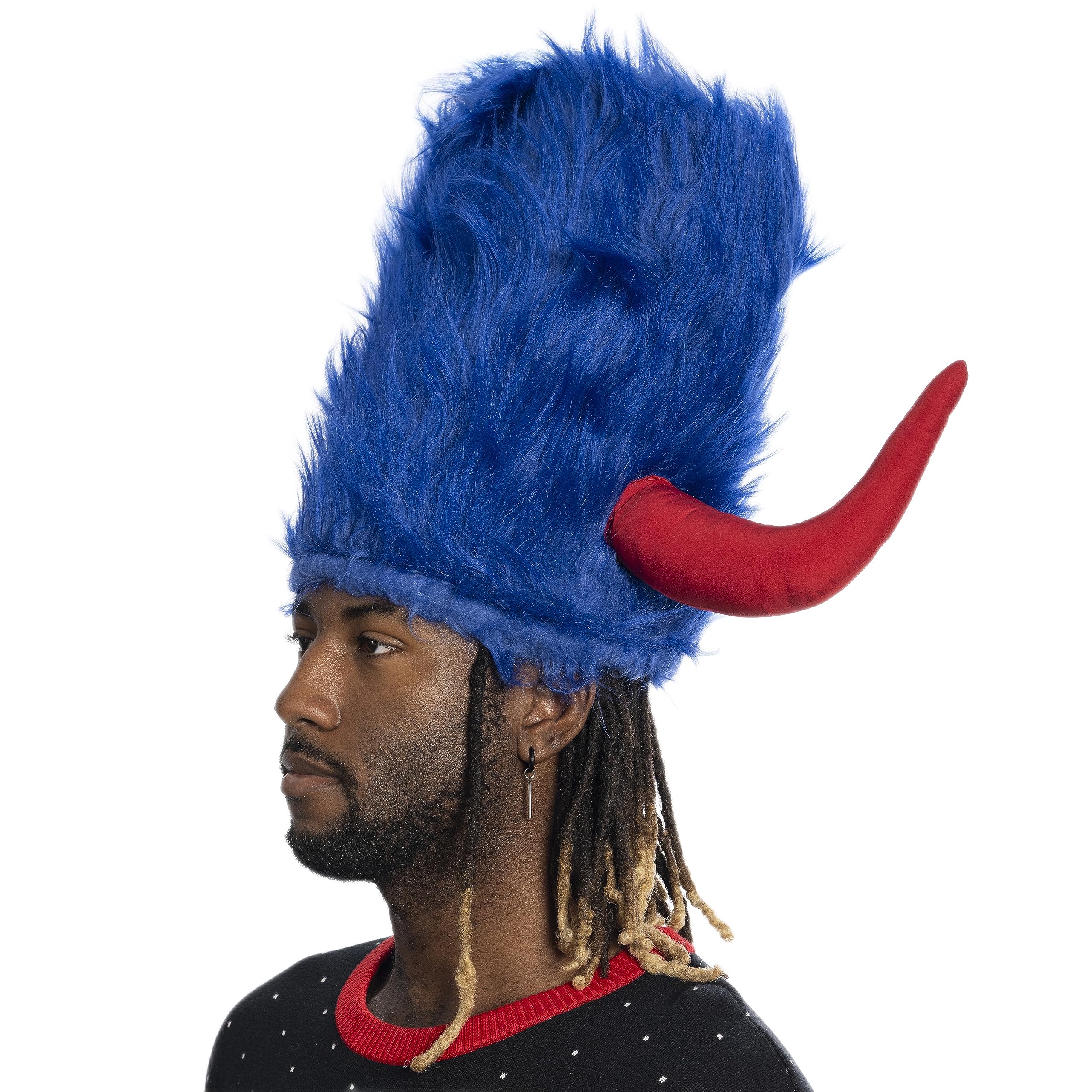 Viking Hat Red and Blue Furry Buffalo with Horns Adult Costume Accessory for Halloween and Cosplay - Image 3