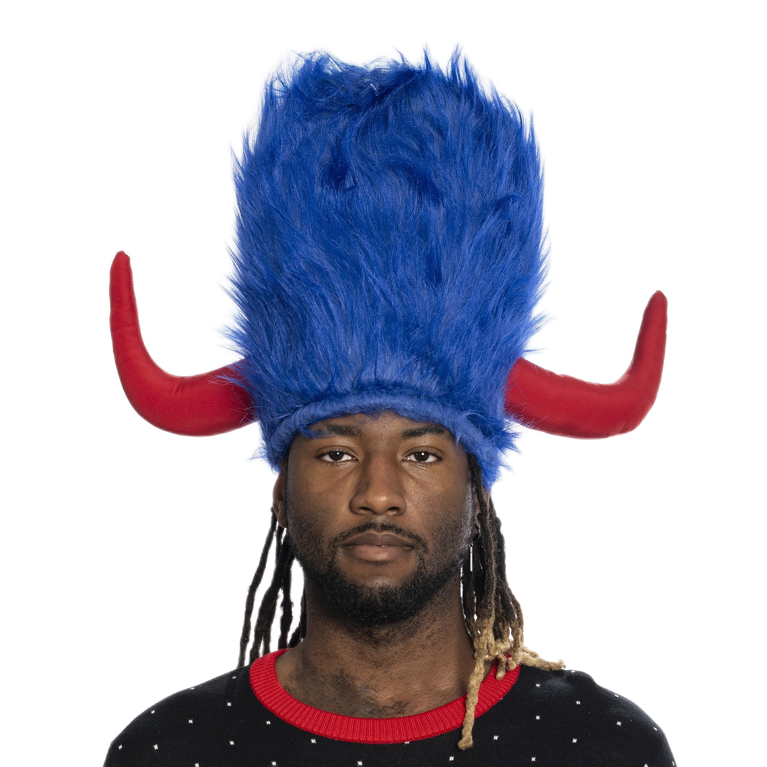 Viking Hat Red and Blue Furry Buffalo with Horns Adult Costume Accessory for Halloween and Cosplay - Image 4