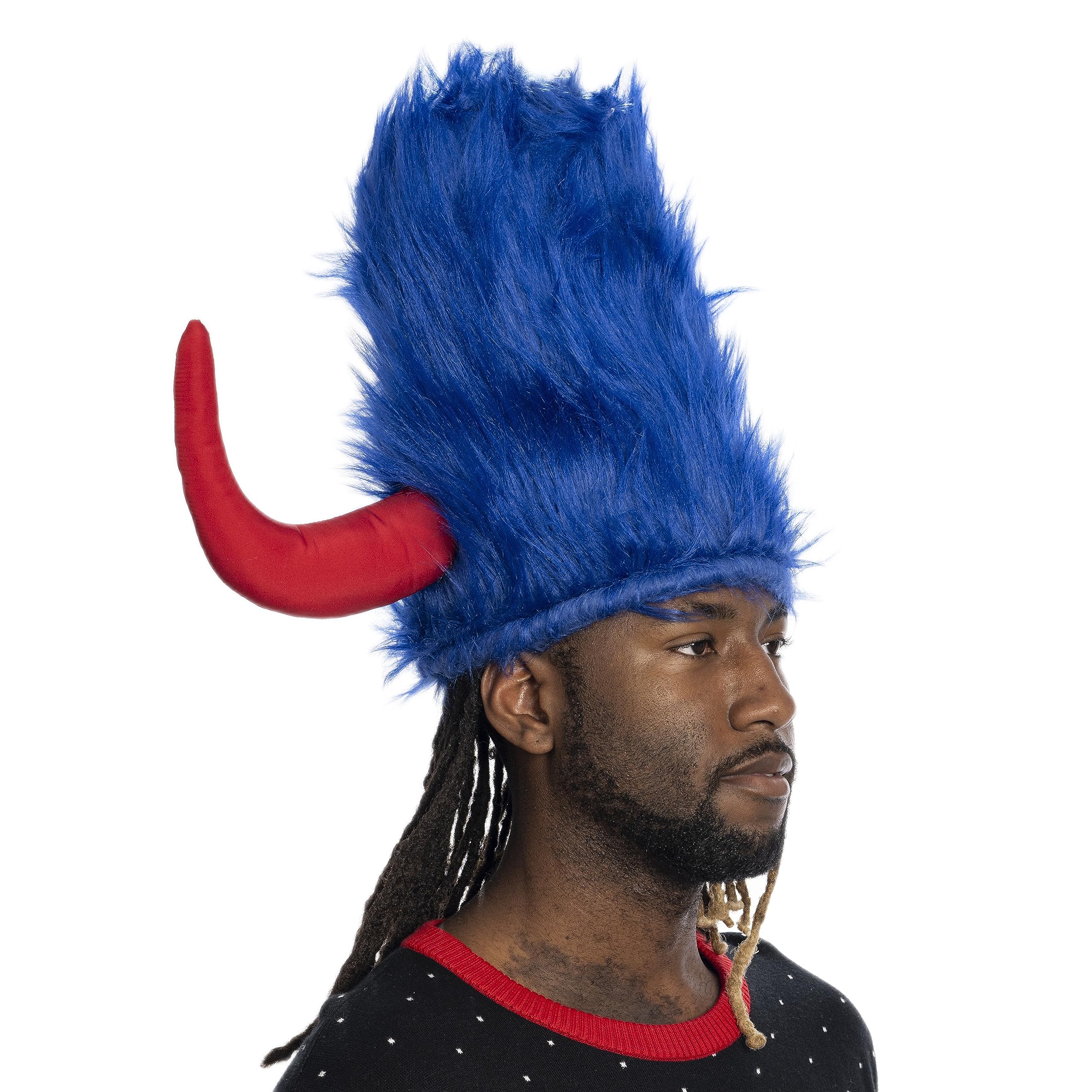 Viking Hat Red and Blue Furry Buffalo with Horns Adult Costume Accessory for Halloween and Cosplay - Image 5