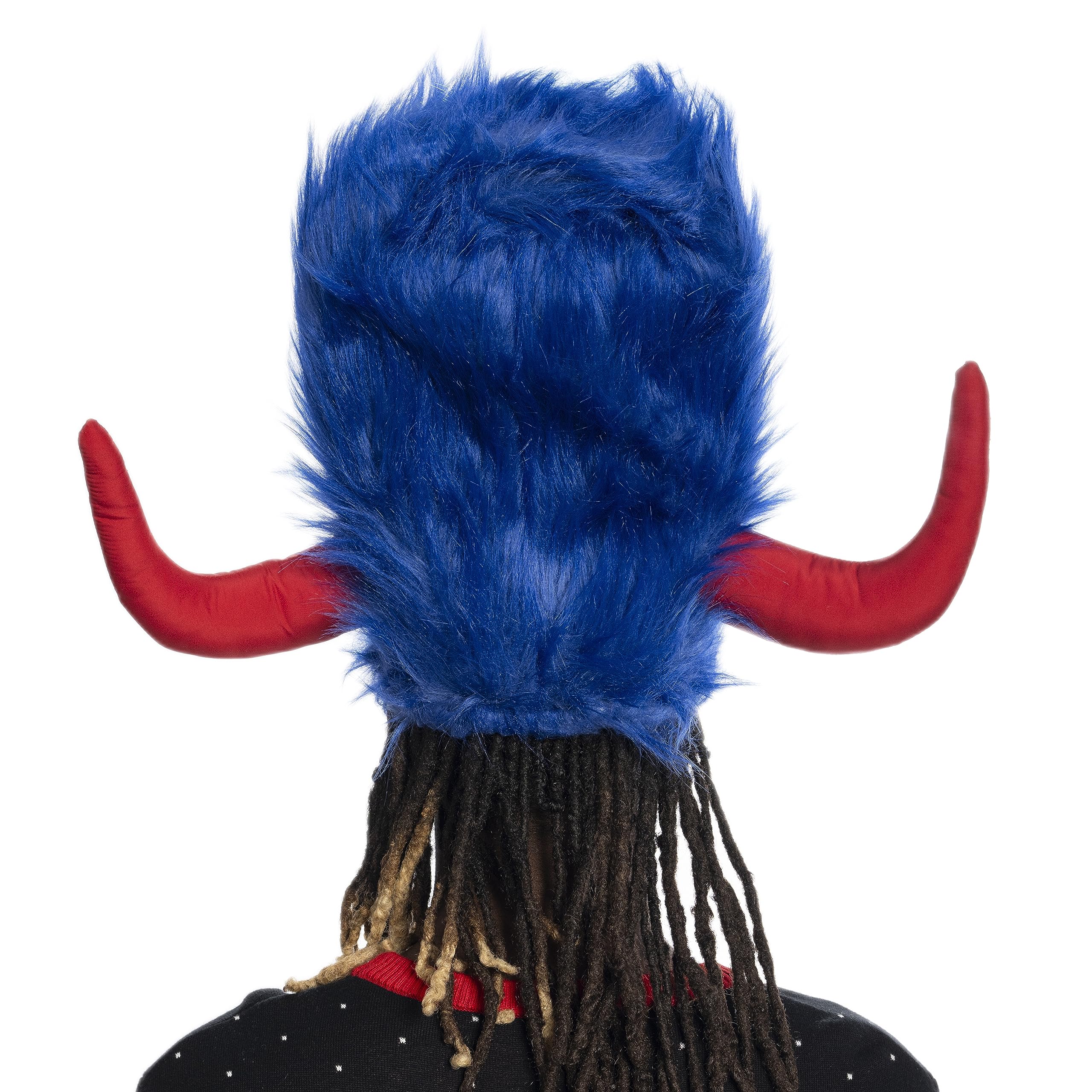 Viking Hat Red and Blue Furry Buffalo with Horns Adult Costume Accessory for Halloween and Cosplay - Image 6