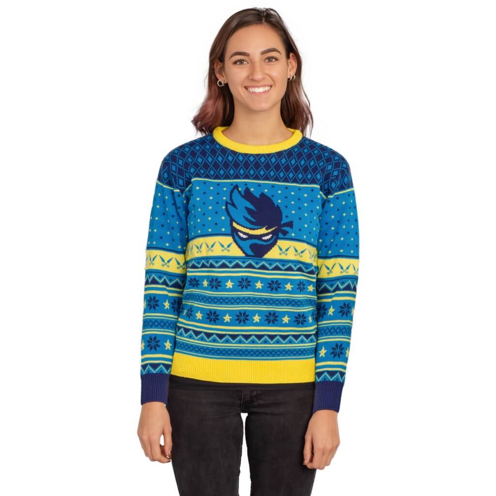 Women's Fortnite Ninja Logo Ugly Christmas Sweater Shurikens Pattern - Image 3
