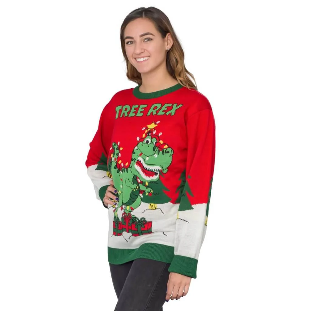 Women's Tree Rex Light Up T-Rex Ugly Christmas Sweater - Image 2